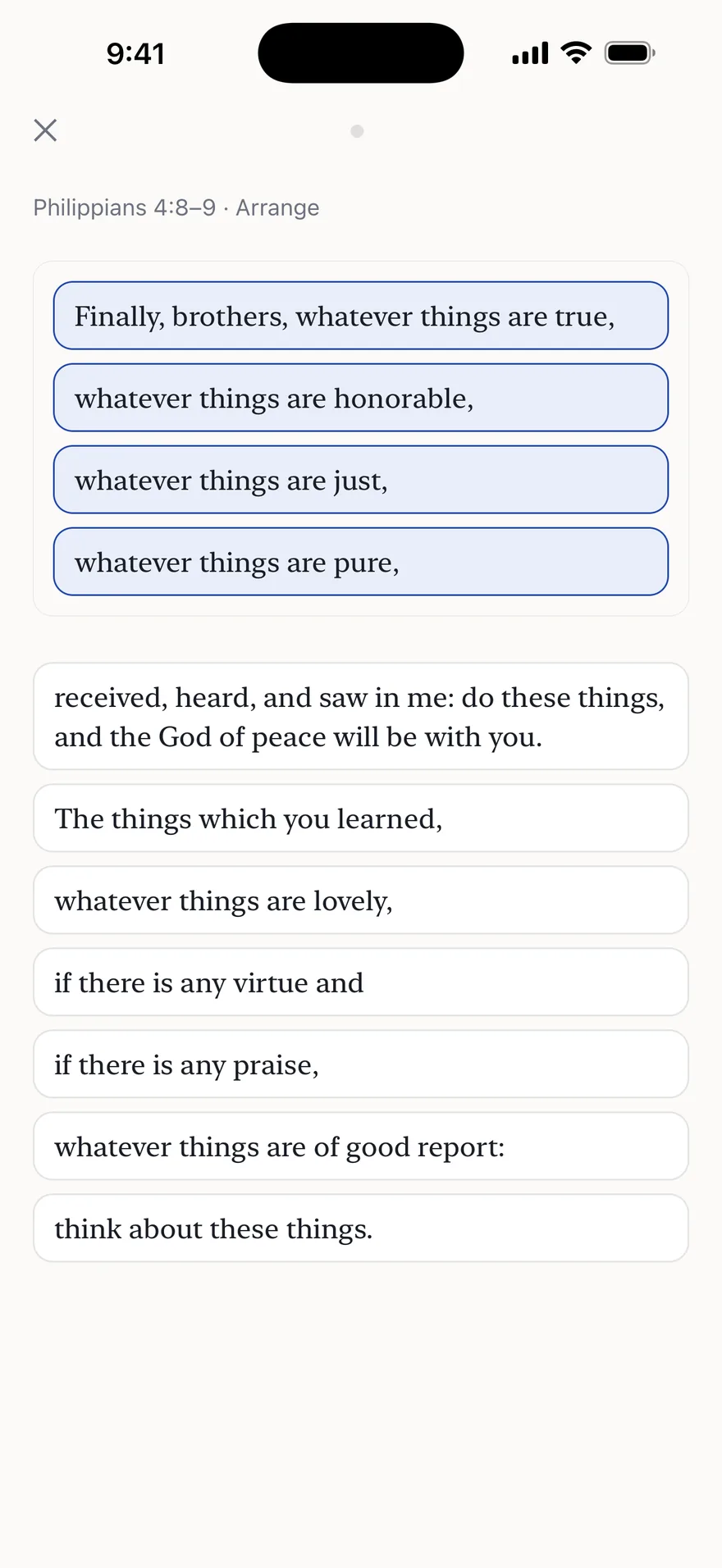 Arrange mode: the phrases of Philippians 4:8–9 as tiles, four already placed in order.