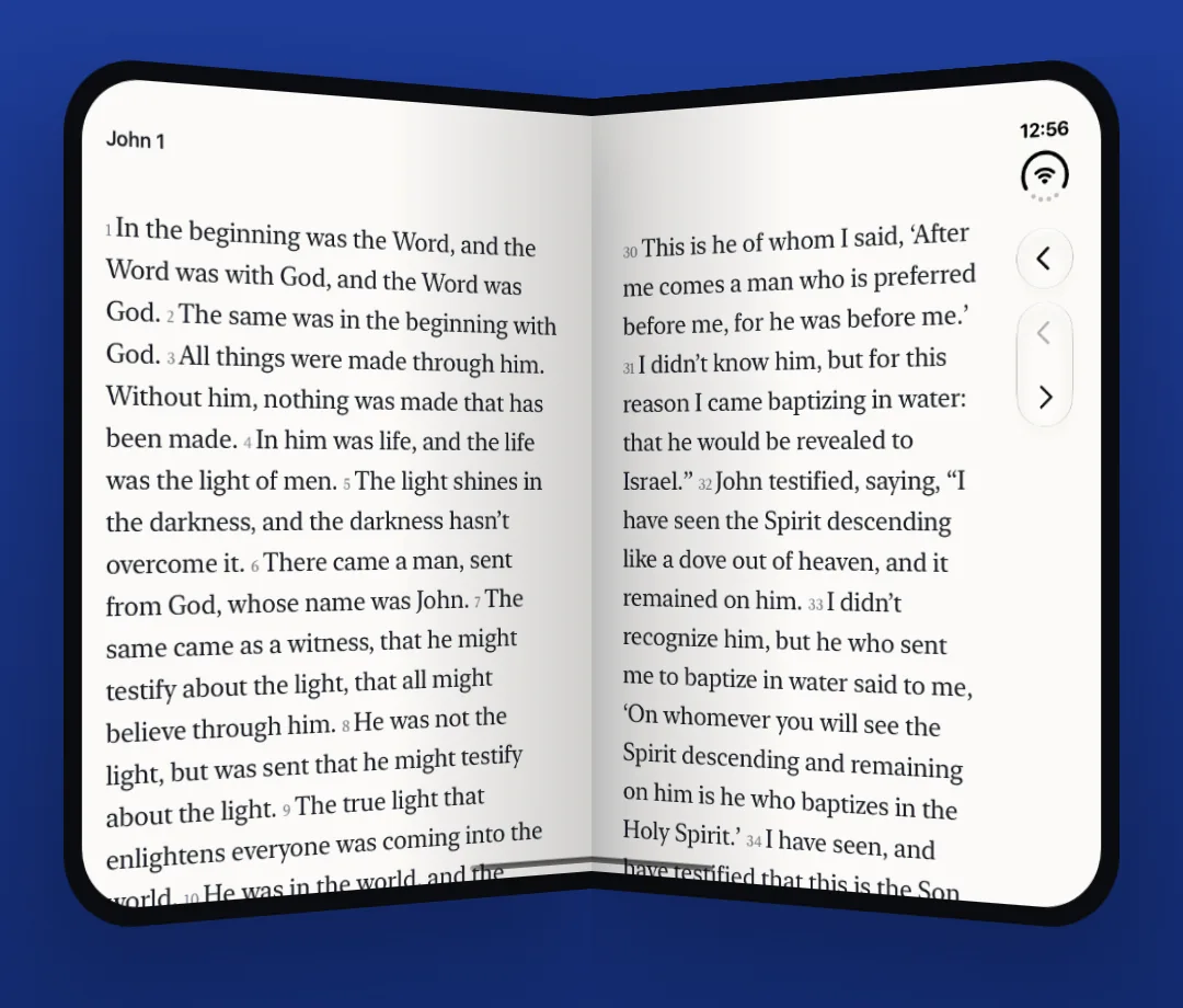 A half-open iPhone Duo showing John 1 across two pages, with page controls on the right edge.