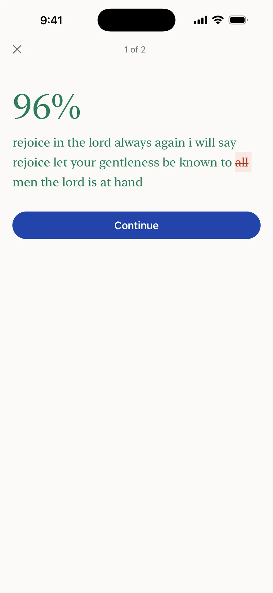 A graded recitation of Philippians 4:4–5 scoring 96%, with the one missed word struck through in red.