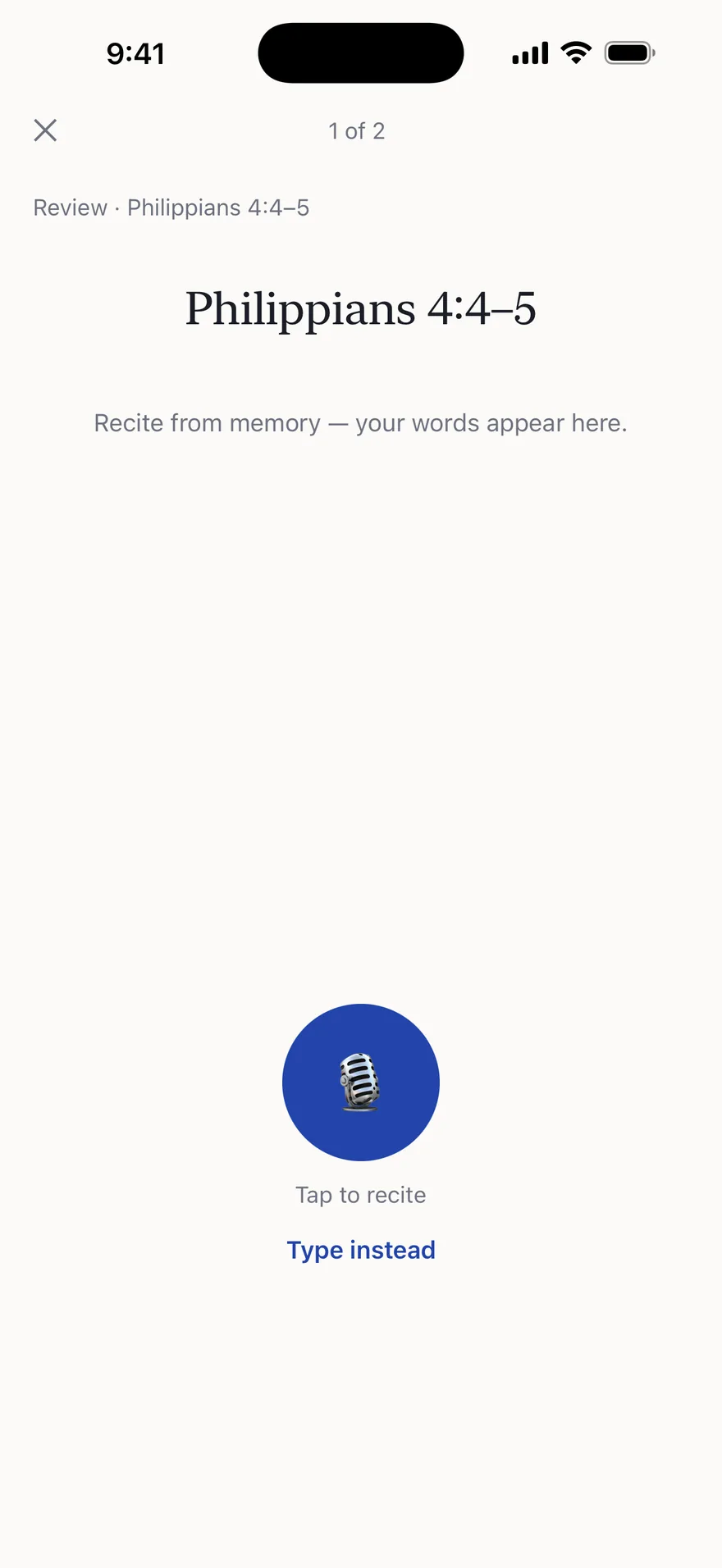 Speak mode: the reference Philippians 4:4–5, a large microphone button, and a Type instead option.