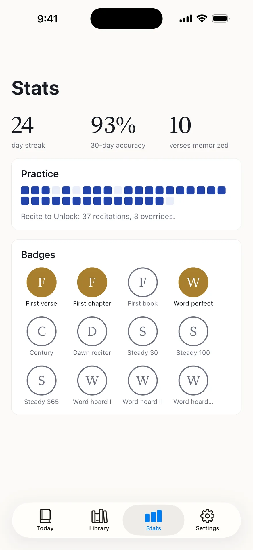 The Stats screen: a 24-day streak, 93% accuracy over 30 days, 10 verses memorized, a practice grid, and badge medallions.