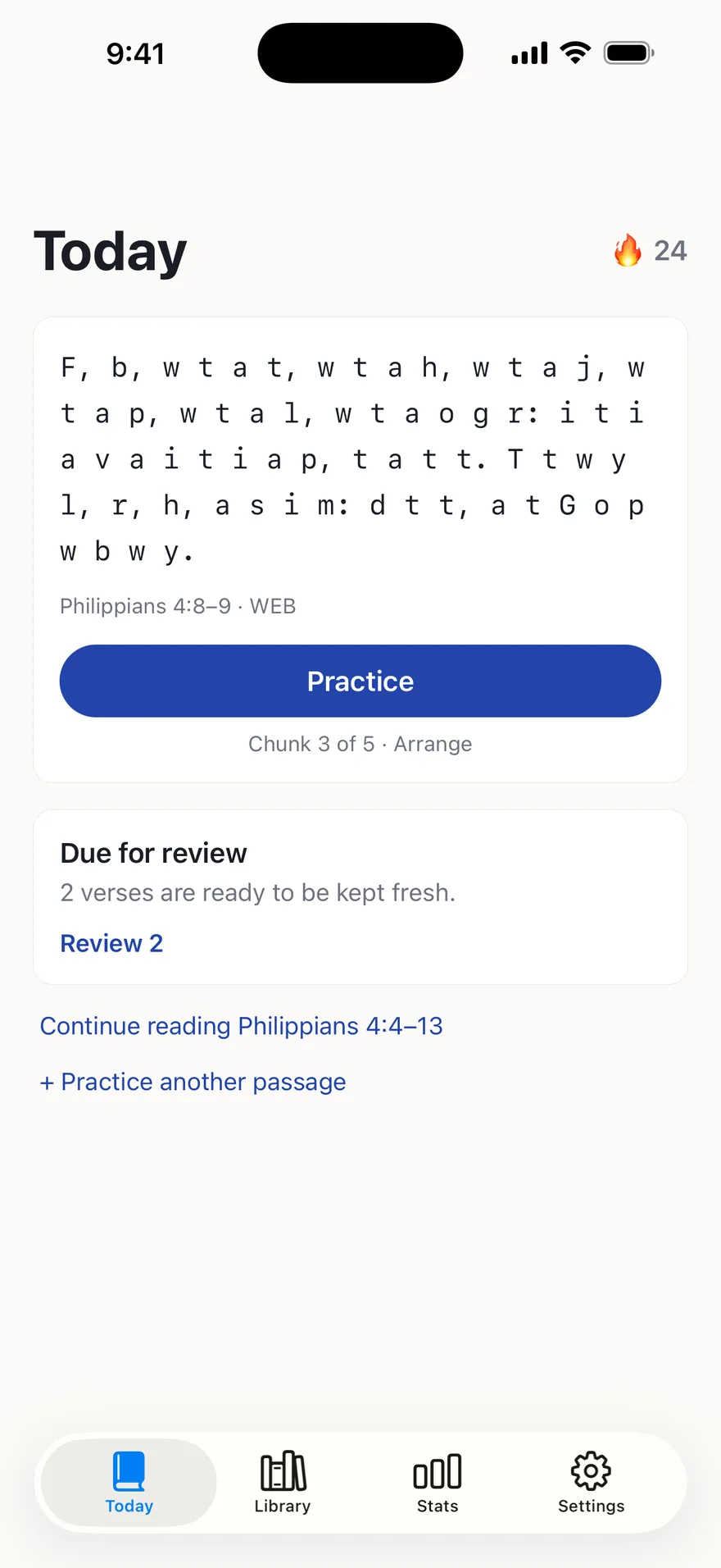 Meno’s Today screen: Philippians 4:8–9 shown as first letters, a Practice button, a 24-day streak, and two verses due for review.