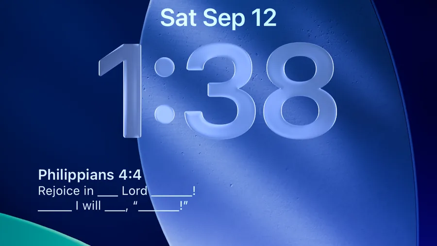 An iPhone Lock Screen with the Meno widget under the clock: Philippians 4:4 with half its words blanked.